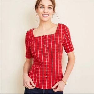 Ann Taylor Red Plaid Tweed Square Neck Button Up Top